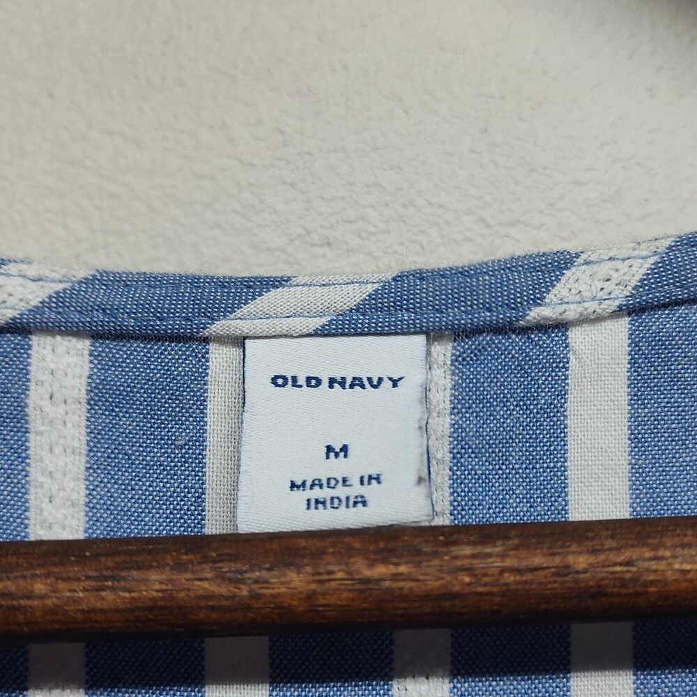 Old Navy Midi Dress Women M Blue Stripe Short Puffy Sleeve Spring Cottagecore - Picture 7 of 8